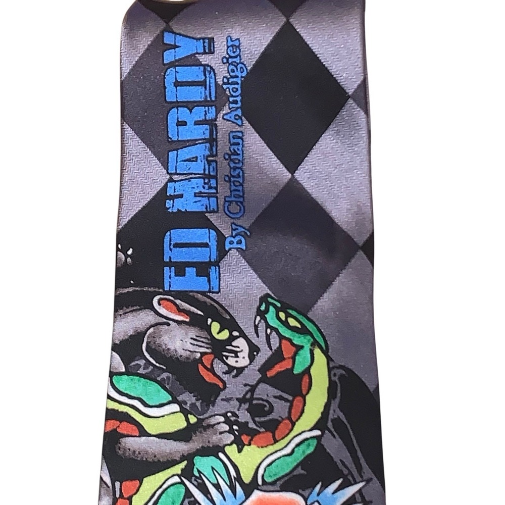 Ed Hardy Christian Audigier Silk Necktie Snake Rat Life Love Luck Mens Tie NWT - Picture 4 of 6